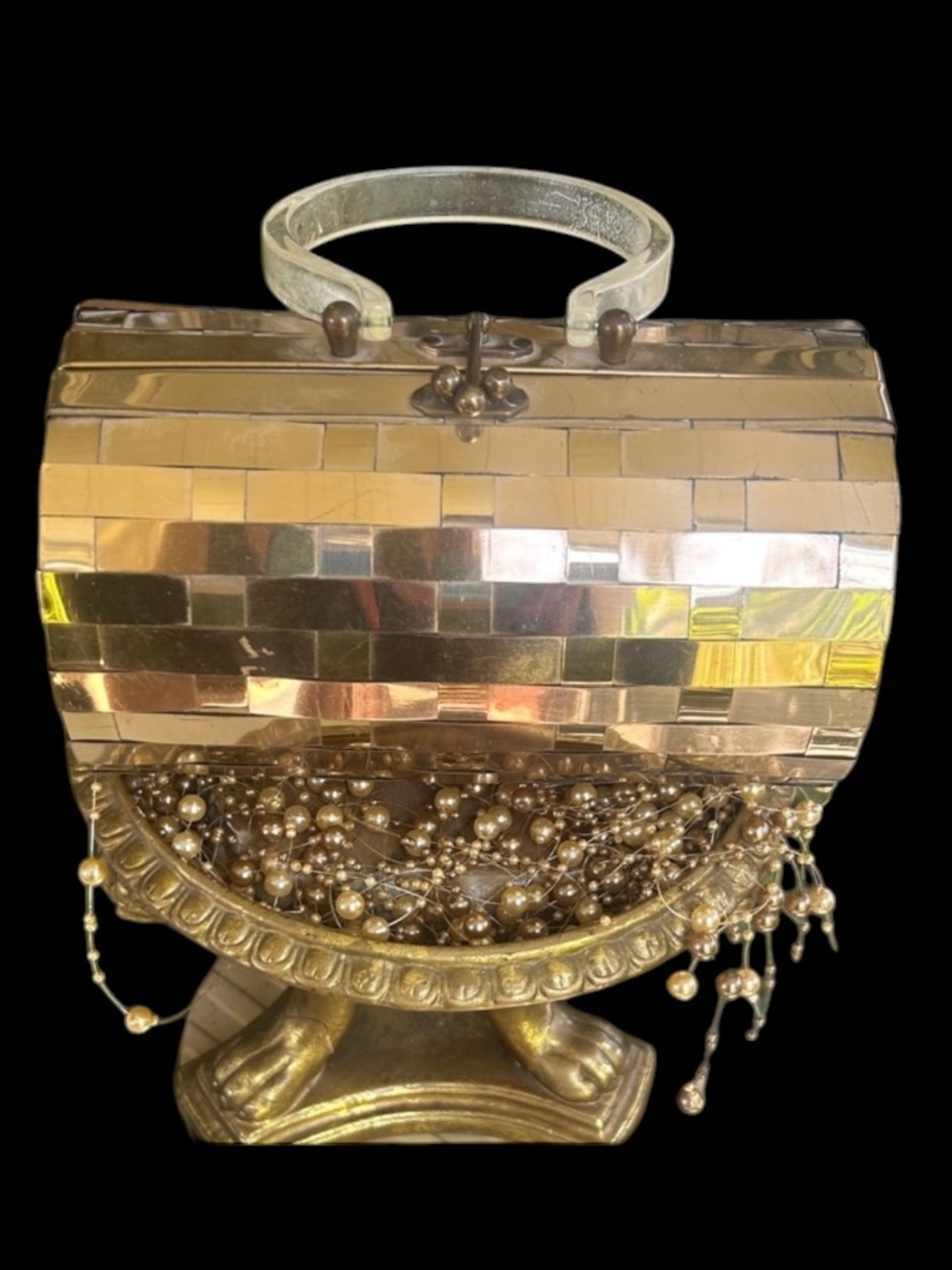 Vintage Gold Basketweave Metal Barrel Box Purse w Lucite Handle